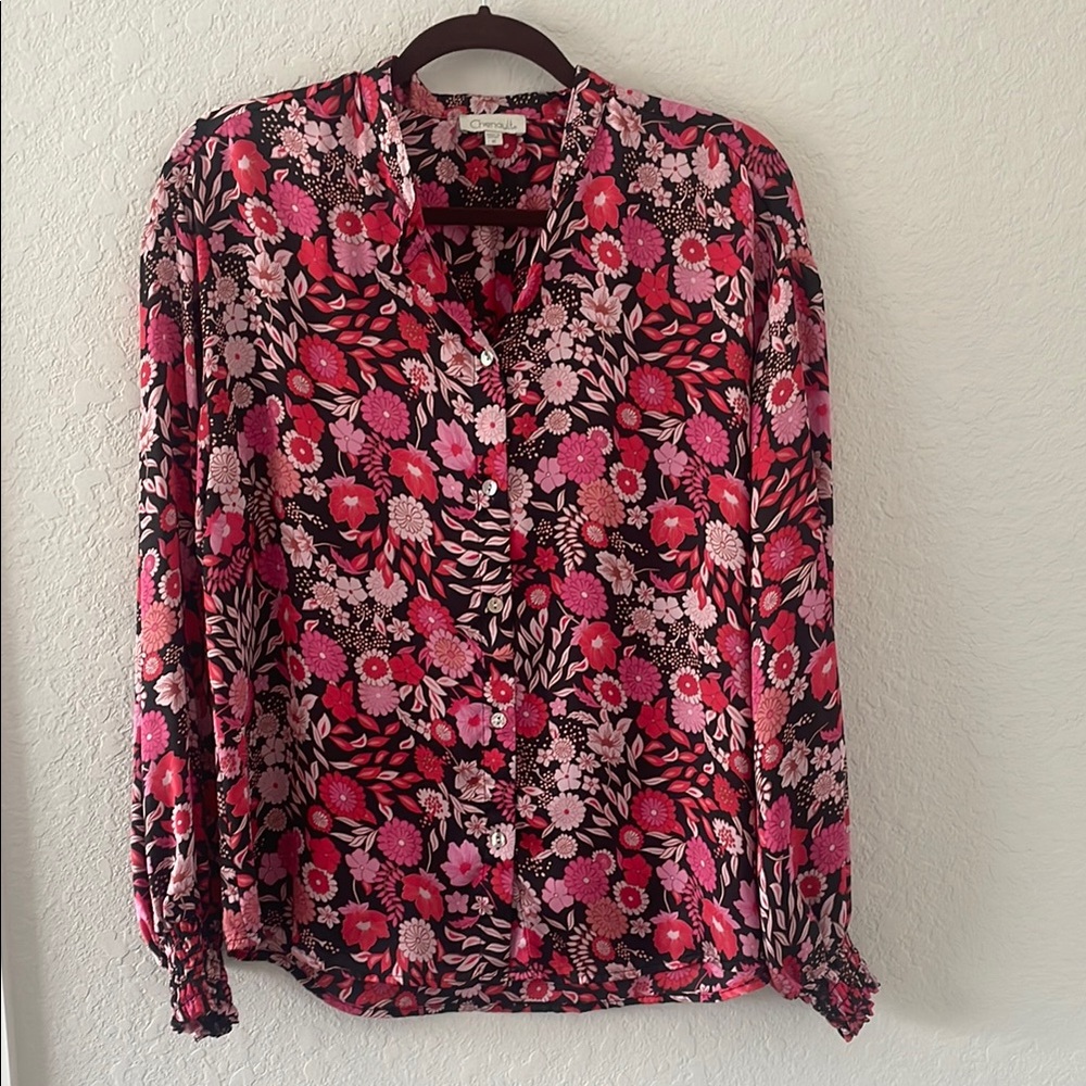 Chenault Pink and Black Buttoned Blouse with Mandarin Collar Sz M